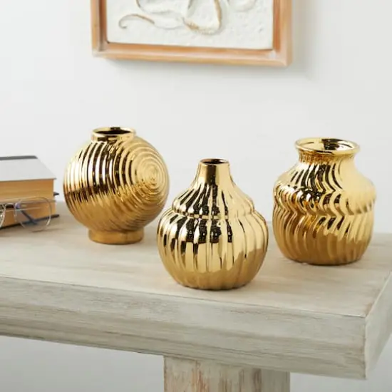 Gold Ceramic Abstract Small Textured Vase Set {3}