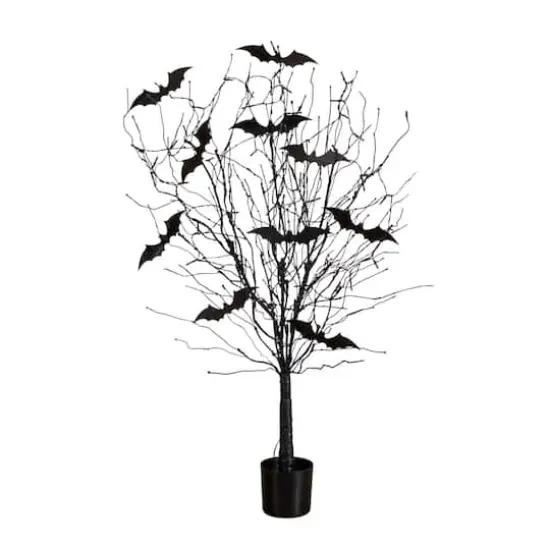 4ft. Pre-Lit Artificial Halloween Black Twig Tree with Bats and 50 Orange LED Lights {1}
