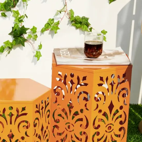 Glitzhome&reg; Orange Floral Motif Hexagonal Garden Stool Set {6}