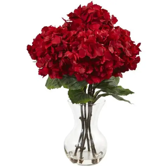 18" Red Hydrangea Arrangement in Glass Vase {1}