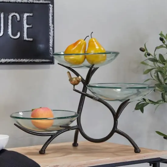 20" Clear Glass Kitchen Serving Bowl with 3-Tier Black Metal Branch Stand {3}
