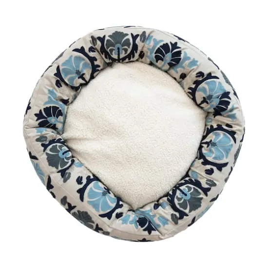 Hello Honey&reg; 24" Natural, Blue & Gray Round Floral Cotton & Sherpa Pet Bed {6}