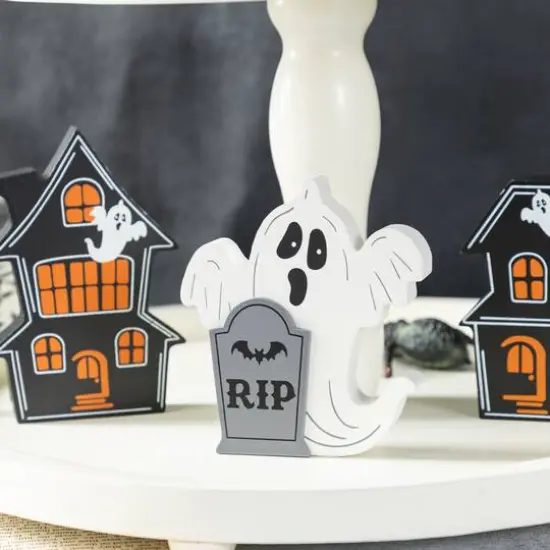 Glitzhome&reg; Halloween Wooden Haunted House, Pumpkin & Ghost Table Block Set {6}