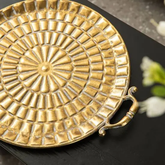 Glitzhome&reg; Gold Round Metal Embossed Decorative Trays Set {8}