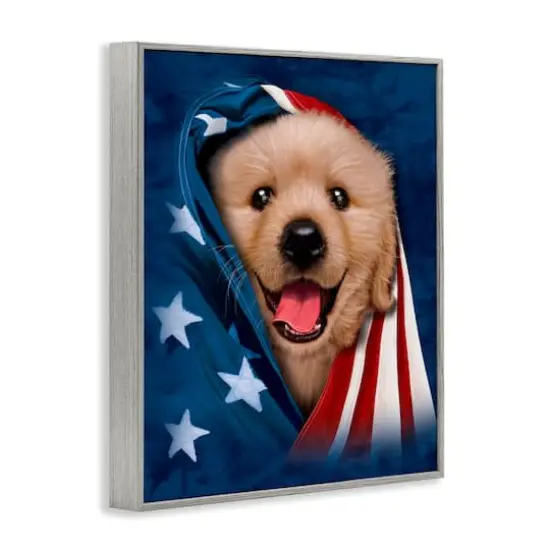 Stupell Industries Puppy & American Flag Framed Giclee Art Gray {4}