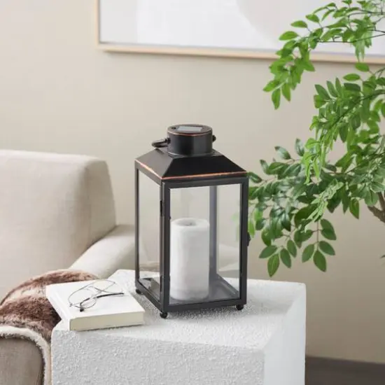 14" Black Metal Modern Candle Lantern with Gold Accents {11}