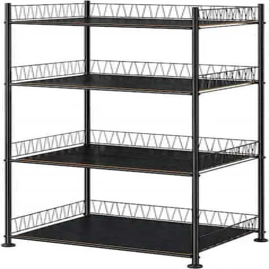 Black 4-Tier Bathroom Storage Rack Metal Shelving Unit with Wood Shelves {1}