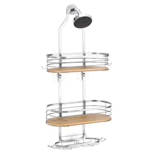 NEX&trade; Silver Stainless Steel & Bamboo Hanging Caddy Shower Organizer with Hooks {1}