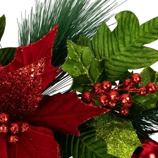 24" Red Glittered Poinsettia & Long Pine Christmas Wreath {4}