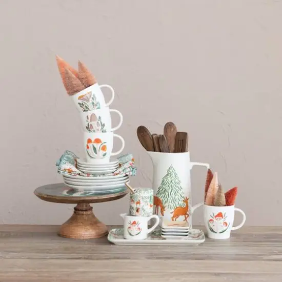 Hello Honey&reg; 8" Woodland Flora & Fauna Round Stoneware Plate Set {4}