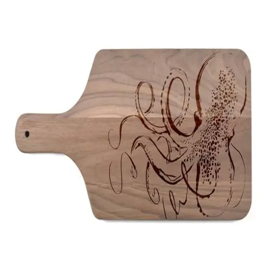 17" Sketched Octopus Walnut Wood Paddle Cutting Board {1}