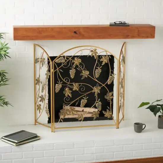 36" Gold Metal Fruit Foldable 3-Panel Fireplace Screen with Leaf Accents {3}