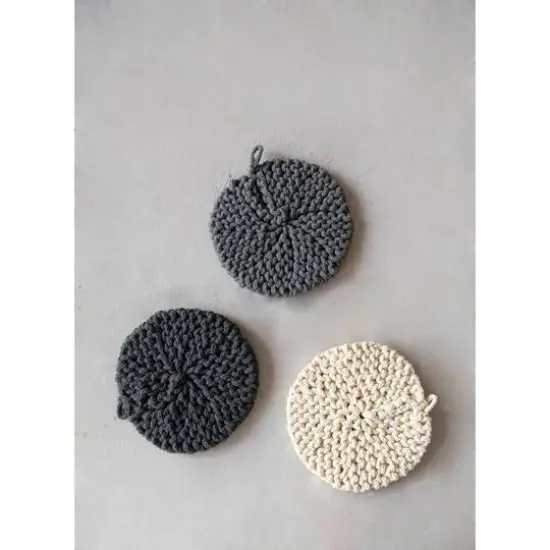 Hello Honey&reg; 8" Black, Gray & Cream Round Cotton Crocheted Pot Holder Set {4}