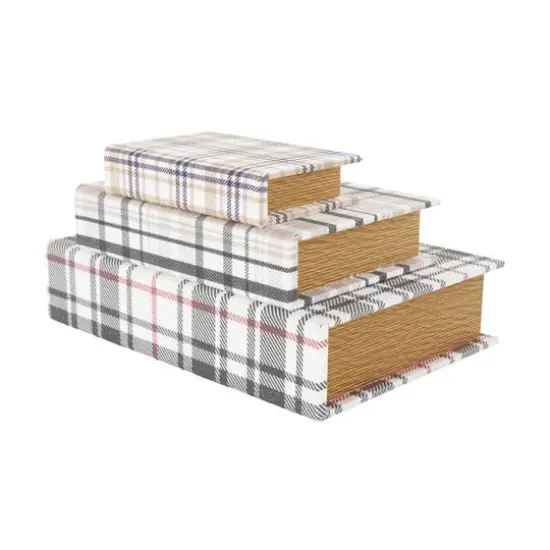 Multicolor Plaid Faux Book Storage Decorative Box Set {9}