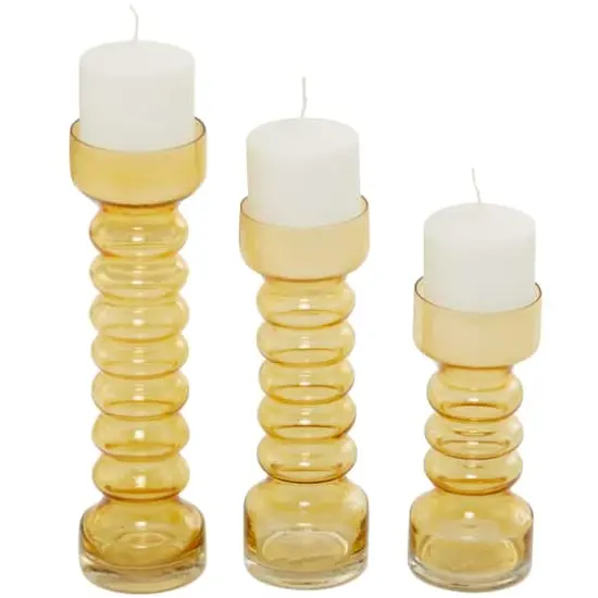Yellow Glass Bubble Pillar Candle Holder Set {5}
