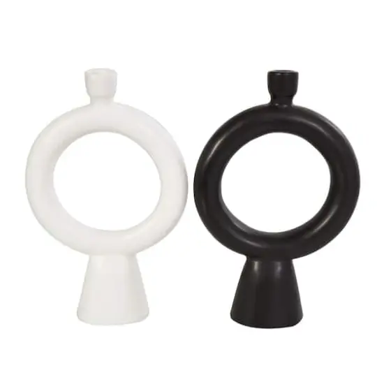 CosmoLiving by Cosmopolitan 12" Black & White Ceramic Geometric Ring Taper Candle Holder Set {1}