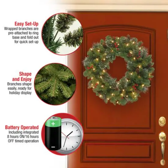 30" Crestwood&reg; Spruce Wreath with Cones, Red Berries, Glitter & 70ct. Warm White Battery Operated LED Lights with Timer {6}