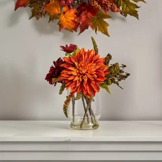 12" Dahlia & Mum Arrangement with Glass Vase  {3}