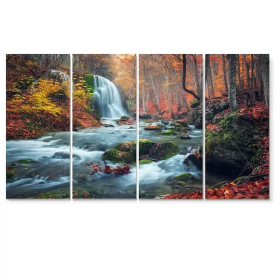Designart - Autumn Mountain Waterfall Long View - Landscape Photography Canvas Print {1}