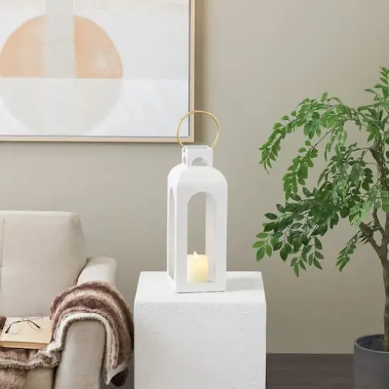 22.5" White Metal Tall Arched Cutout Candle Lantern with Gold Handle {3}