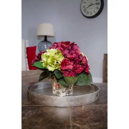11" Green & Burgundy Hydrangea Arrangement in Floral Vase {3}