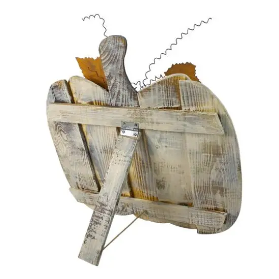 18.5" Large Beige Wooden Fall Harvest Pumpkin with Leaves & Stem {4}