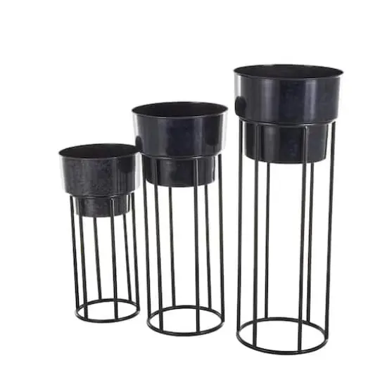 Black Metal Wash Textured Planter with Open Framed Black Caged Base Set {5}