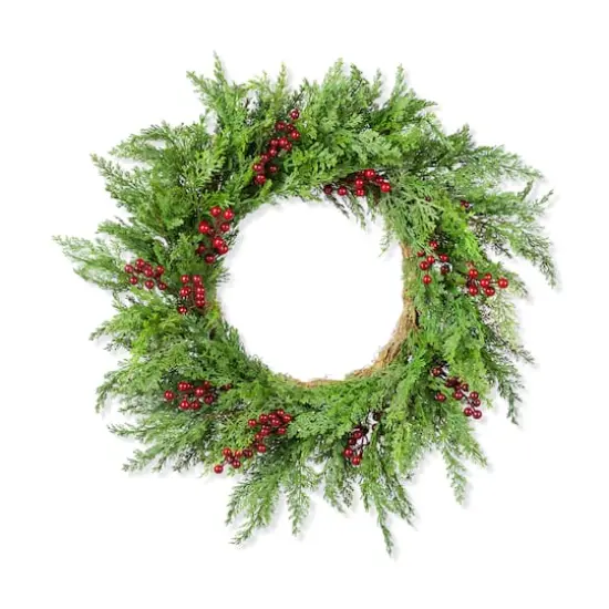Glitzhome&reg; 24"D Christmas Greenery PE Cedar Wreath with Red Berries {1}