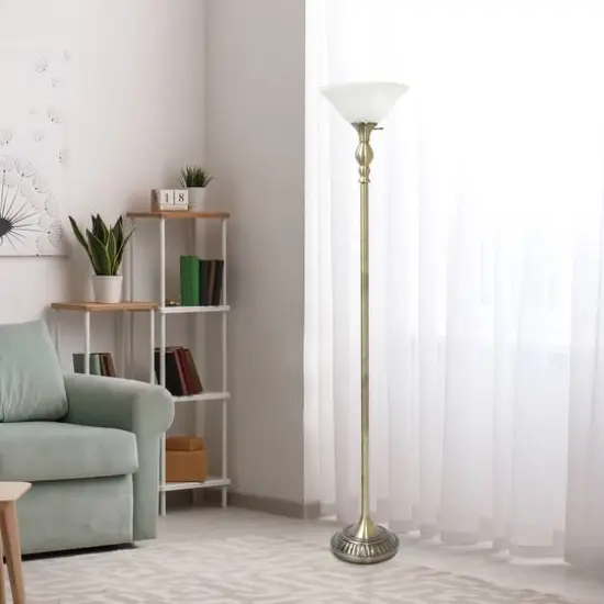 Lalia Home 6ft. Torchiere Floor Lamp with Marbleized Shade Antique Brass with White Shade {6}