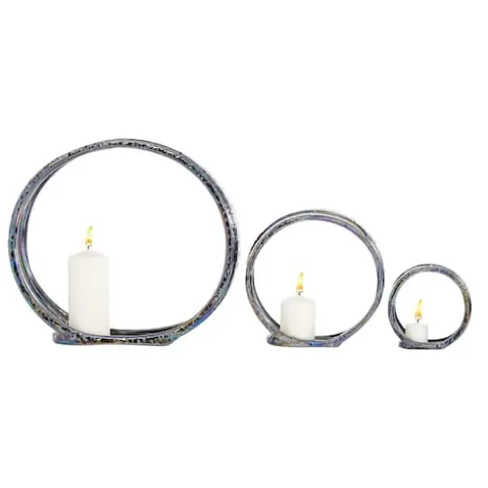 14" Silver Ceramic Glam Candlestick Holder Set {5}