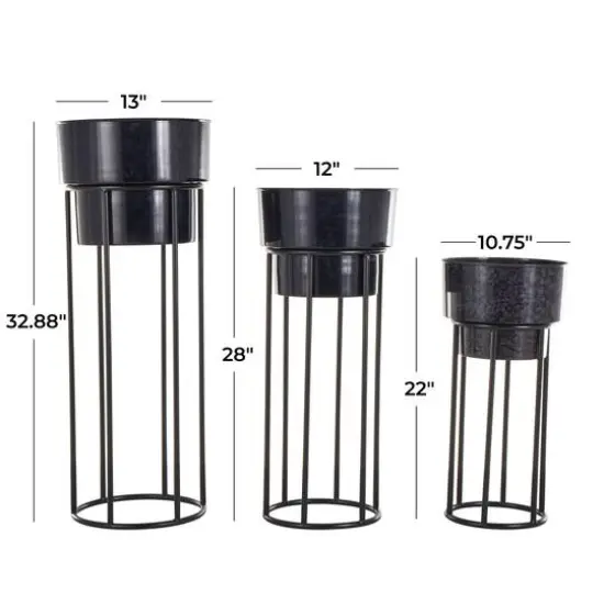 Black Metal Wash Textured Planter with Open Framed Black Caged Base Set {10}