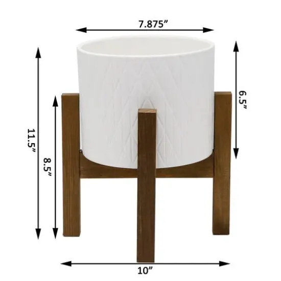 Flora Bunda 8" Matte White Diamond Ceramic Pot On Wood Stand {3}