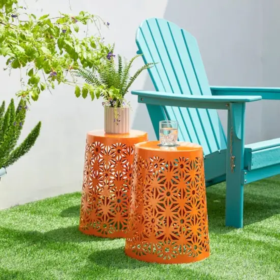 Glitzhome&reg; 17.5" Iron Geometric Pattern Solar Garden Stool Set Orange {5}
