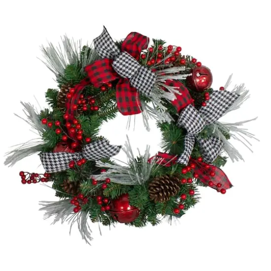 24" Plaid, Houndstooth & Red Berries Artificial Christmas Wreath {1}