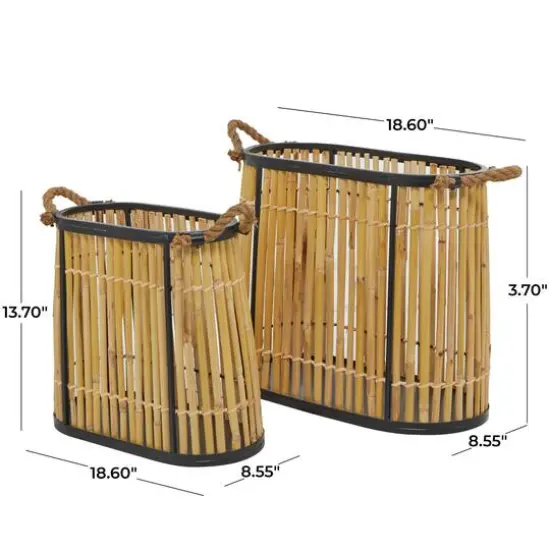 Brown Wicker Handmade Slatted Frame Storage Basket with Handles Set of 2 19", 14" {6}