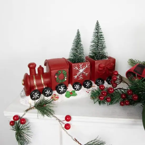 12'' Red and Gold Christmas Train with LED Lighted Frosted Trees Tabletop Decoration {4}