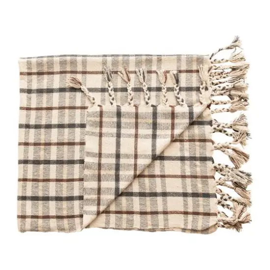 Hello Honey® Charcoal & Brown Woven Recycled Cotton Blend Plaid Throw with Tassels {4}