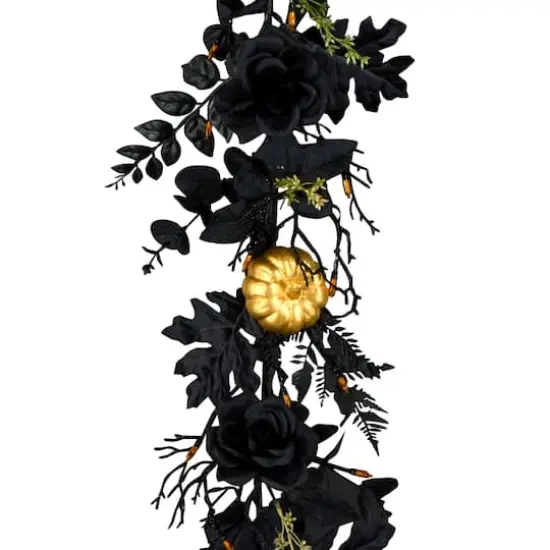 6ft. Chic Eek Black & Gold Halloween Pumpkin & Flower Pre-Lit LED Garland {6}