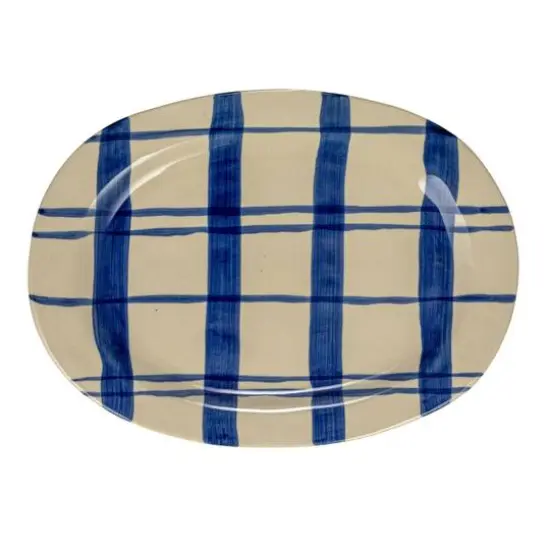 Hello Honey&reg; 14" Hand-Painted Wax Relief Blue Stripe Oval Stoneware Platters, 2ct. {8}