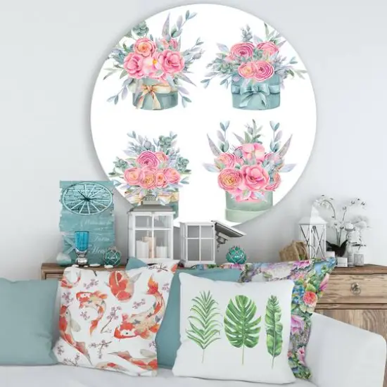 Designart - Collection of Pink Roses - Farmhouse Metal Circle Wall Art {4}