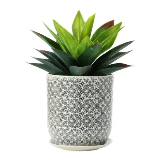 Hello Honey&reg; 7" Black & Cream Hand-Stamped Pattern Stoneware Pot & Saucer Set {4}