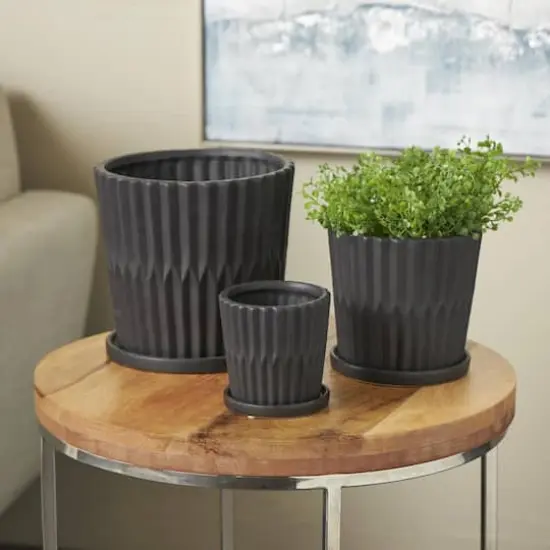 Black Double Ribbed Textured Ceramic Planter Set {3}
