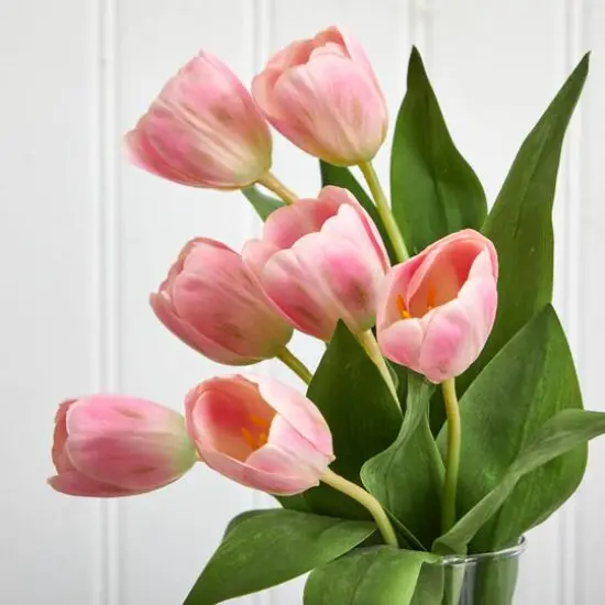 16" Pink Tulip Arrangement In Cylinder Vase {5}