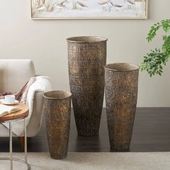 Brass Metal Abstract Tapered Textured Floor Decorative Vase with Gray Backing Set {9}