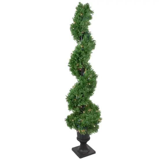 4.5ft. Pre-Lit Artificial Cedar Spiral Topiary Tree in Urn Style Pot, Clear Lights {1}
