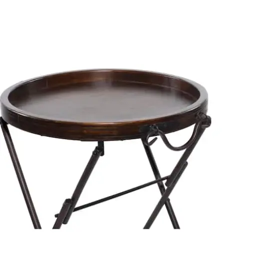 2.5ft. Dark Brown Pine and Metal Traditional Accent Table {3}