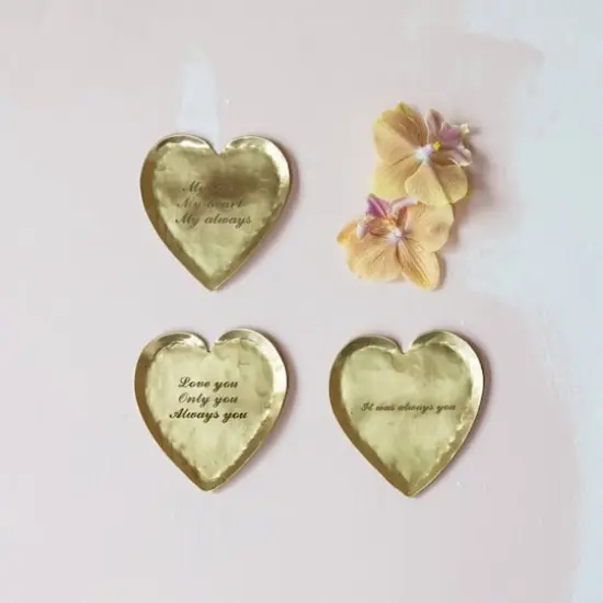 Hello Honey® 3.75" Decorative Brass Heart-Shaped Dish with Sayings Set {3}