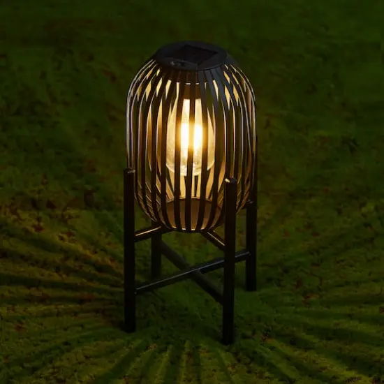 Glitzhome&reg; 14.25" Black Slim Metal Stripes Solar Powered Edison Bulb Outdoor Lantern, 2ct. {6}