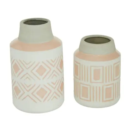 Set of 2 White Stoneware Farmhouse Vase, 7.5", 9.75" {3}