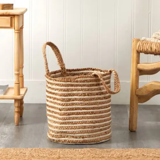 14'' Handwoven Stripe Natural Cotton and Jute Boho Chic Basket Planter {7}